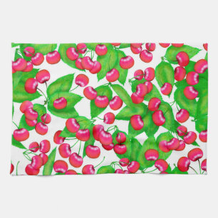 Elegant Red Cherries and Green Leaves Pattern   Kitchen Towel