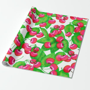 Elegant Red Cherries and Green Leaves Pattern Wrapping Paper
