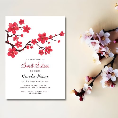 Elegant Red Cherry Blossom Sakura Floral Birthday Invitation