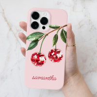 Elegant Red Cherry Personalized Script Name Pink