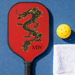 Elegant Red Chinese Gold Dragon Monogram  Pickleball Paddle