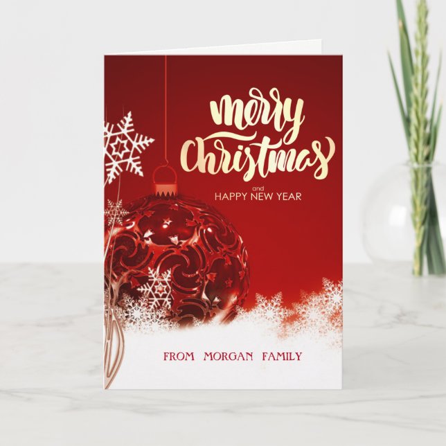 Elegant Red Christmas Ball, Snowflakes Holiday Card (Front)