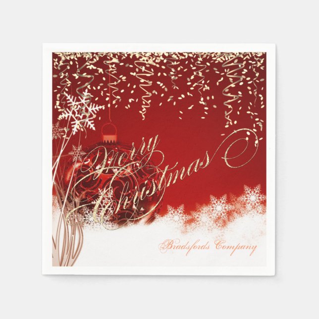 Elegant Red, Christmas Balls, Gold Confetti Napkins (Front)