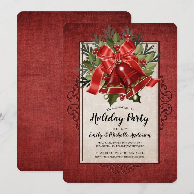 Elegant Red Christmas Bells Holiday Party Invitation (Front/Back)