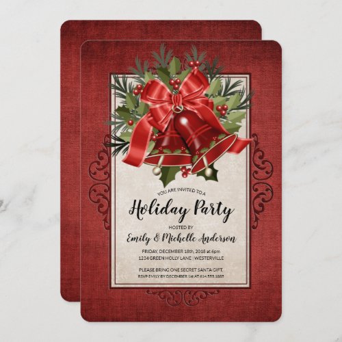 Elegant Red Christmas Bells Holiday Party Invitation