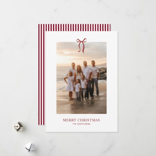 Elegant Red Christmas Bow Family Holiday Photo Card