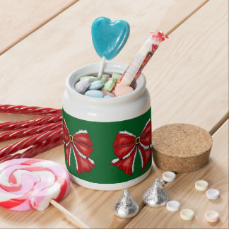 Elegant Red Christmas Bows on Dark Green Candy Jar