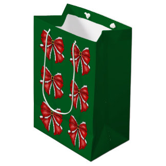 Elegant Red Christmas Bows on Dark Green Medium Gift Bag