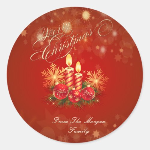 Elegant Red  Christmas Candles Balls Snowflakes Classic Round Sticker