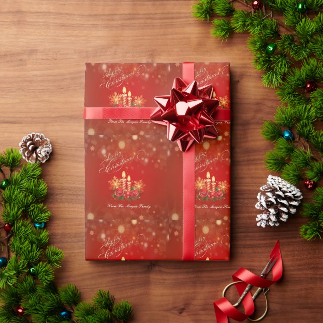 Elegant Red  Christmas Candles, Balls ,Snowflakes Wrapping Paper (Holiday Gift)