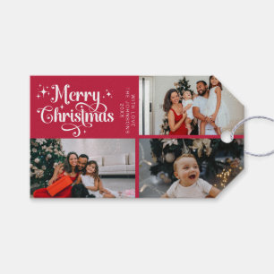 Elegant Red Christmas Family Photo Collage Gift Tags