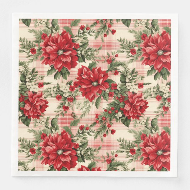 Elegant Red Christmas Floral Pattern  Paper Dinner Napkins (Front)