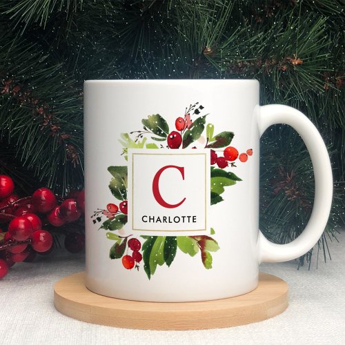 Elegant Red Christmas Greenery Monogram Coffee Mug