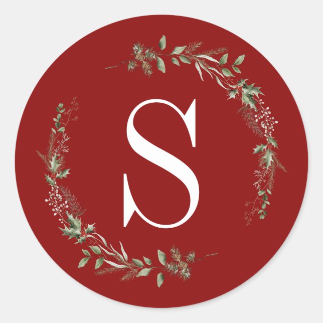 Elegant Red Christmas Greenery Monogram Wreath Classic Round Sticker (Front)