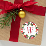 Elegant Red Christmas Greenery Monogram Wreath Classic Round Sticker<br><div class="desc">Holiday sticker design features a beautiful Christmas foliage watercolor wreath design with green leaves and red berries frames your rich red monogram initial / letter.</div>