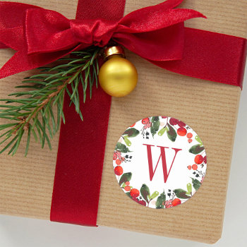 Elegant Red Christmas Greenery Monogram Wreath Classic Round Sticker by Plush_Paper at Zazzle