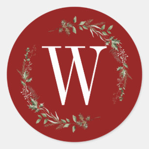 Elegant Red Christmas Greenery Monogram Wreath Classic Round Sticker