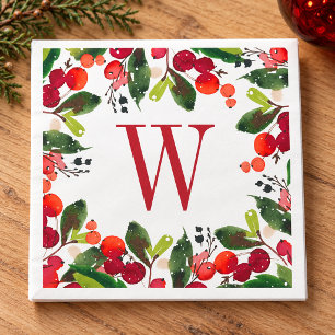 Elegant Red Christmas Greenery Monogram Wreath Paper Napkins
