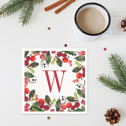 Elegant Red Christmas Greenery Monogram Wreath Paper Napkins