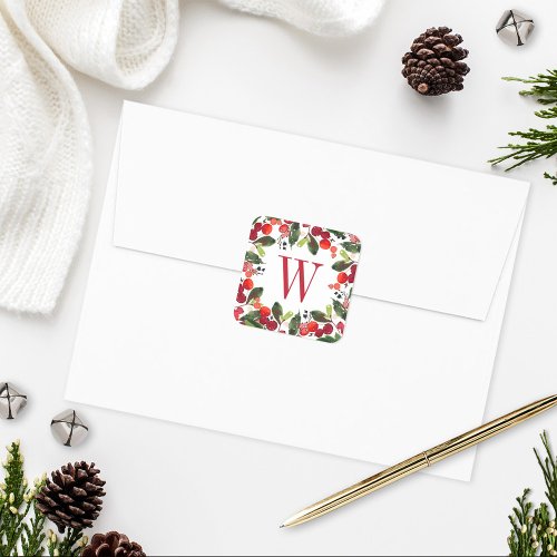 Elegant Red Christmas Greenery Monogram Wreath Square Sticker