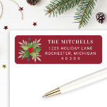 Elegant Red Christmas Greenery Return Address Label<br><div class="desc">Elegant Christmas address labels feature a simple watercolor winter greenery arrangement with green holly leaves,  red berries,  gray eucalyptus branches,  and pine sprigs. Personalize with your family's last name and return address text. Includes red,  green,  and neutral taupe gray colors on a dark red background.</div>