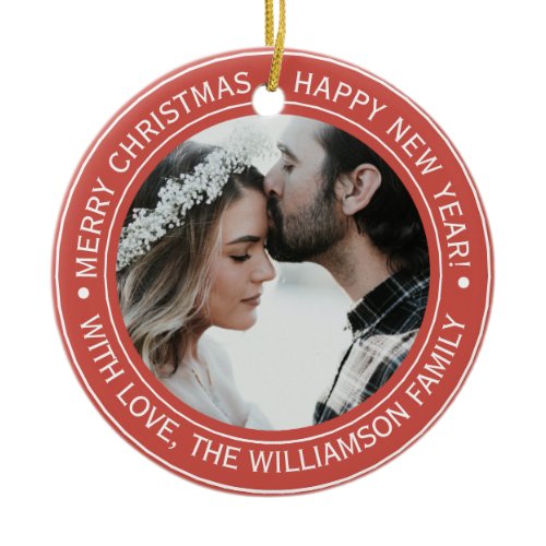 Elegant Red Christmas Monogram Photo Ceramic Ornament