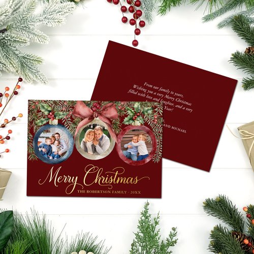 Elegant Red Christmas Ornament Family Photos Gold Foil Holiday Card