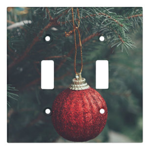 Elegant Red Christmas Ornament on Evergreen Tree – Light Switch Cover