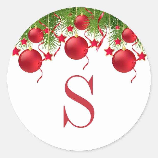 Elegant Red Christmas Ornaments Greenery Monogram Classic Round Sticker (Front)