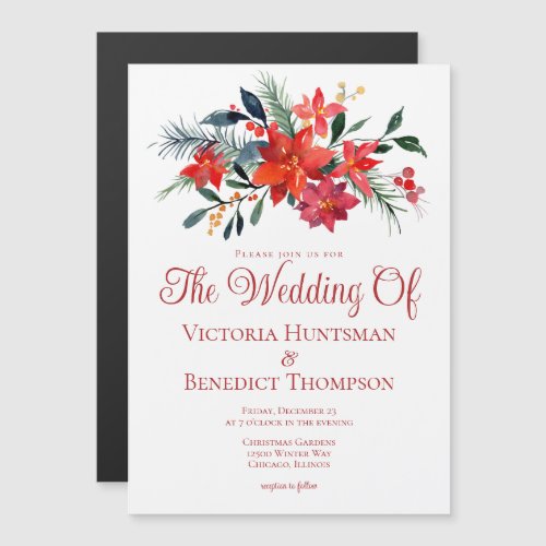 Elegant Red Christmas Poinsettia Floral Wedding Magnetic Invitation