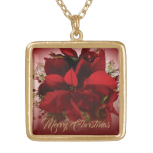 Elegant Red Christmas Poinsettia Gold Plated Necklace