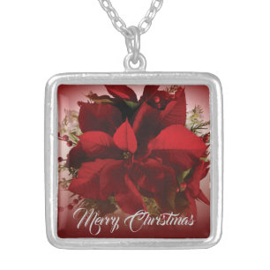 Elegant Red Christmas Poinsettia Silver Plated Necklace
