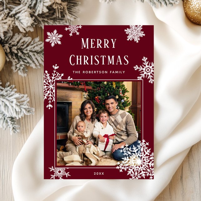 Elegant Red Christmas Snowflakes Photo Holiday Card (Creator Uploaded)