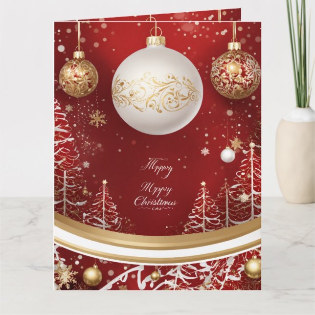 Elegant Red Christmas Tree and Ball Holiday Card (Front)