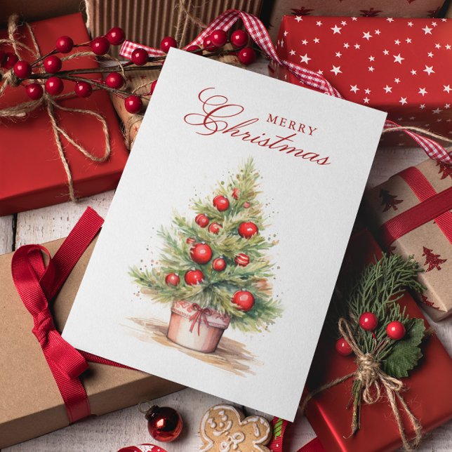 Elegant Red Christmas Tree Watercolor Custom Photo Holiday Card (Creator Uploaded)