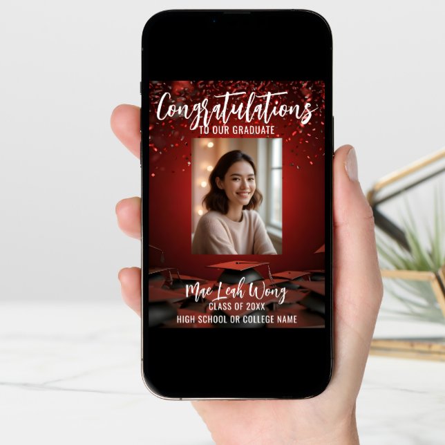 Elegant Red Confetti & Graduation Caps with Photo Card (Front Digital)