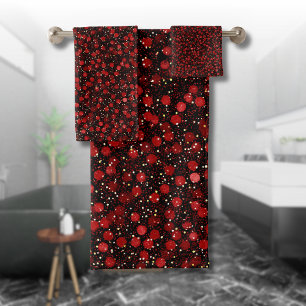 Elegant Red Confetti on Black Glitter Style Bath Towel Set