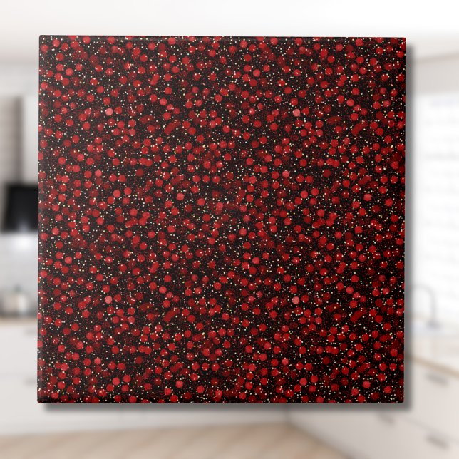 Elegant Red Confetti on Black Glitter Style Ceramic Tile (Creator Uploaded)