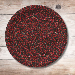 Elegant Red Confetti on Black Glitter Style Paper Plates