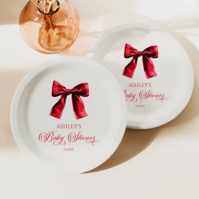 Elegant Red Coquette Bow Baby Shower Paper Plates (Creator Uploaded)