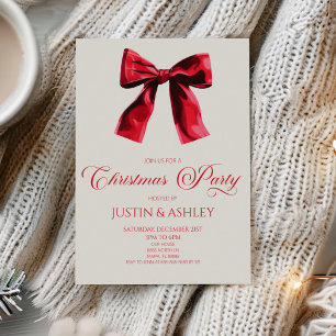 Elegant Red Coquette Bow Christmas Party Invitation