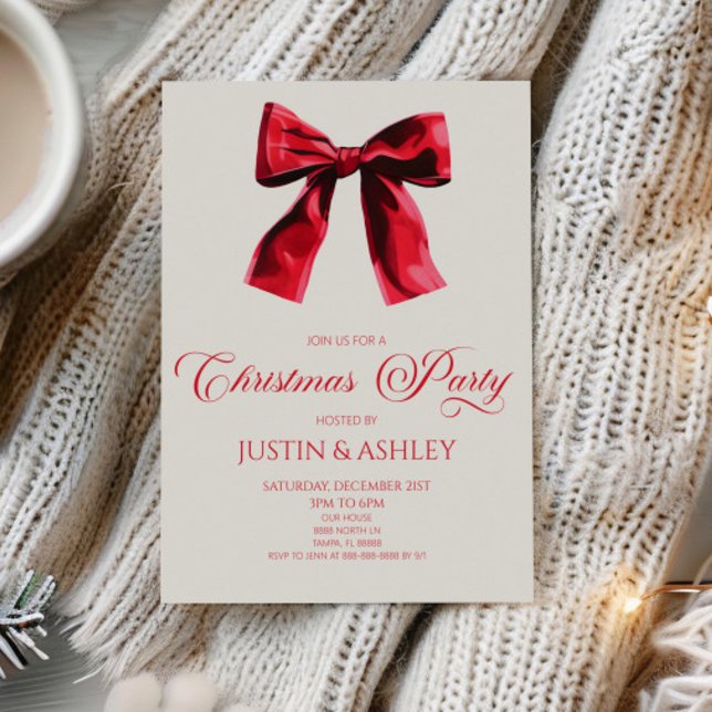 Elegant Red Coquette Bow Christmas Party Invitation (Creator Uploaded)