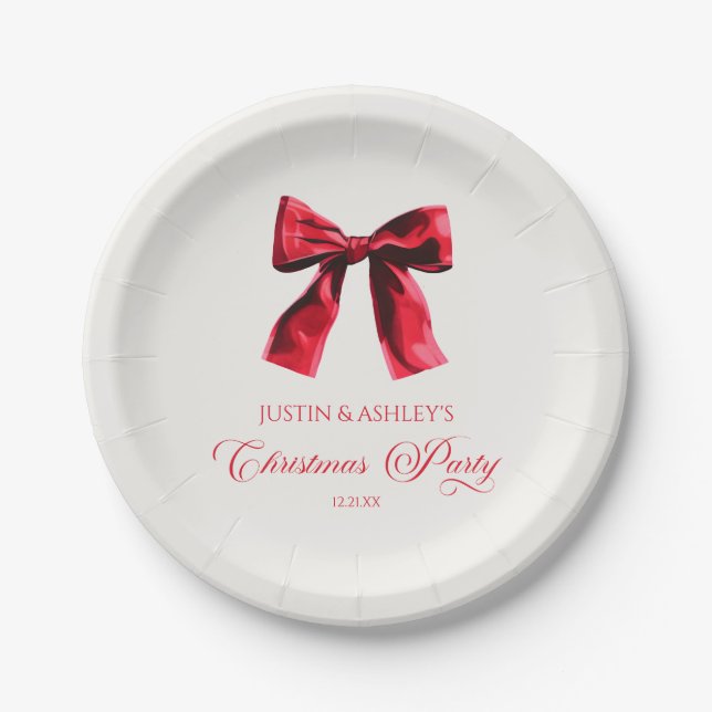 Elegant Red Coquette Bow Christmas Party Paper Plates (Front)