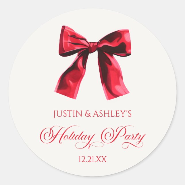 Elegant Red Coquette Bow Holiday Party Classic Round Sticker (Front)