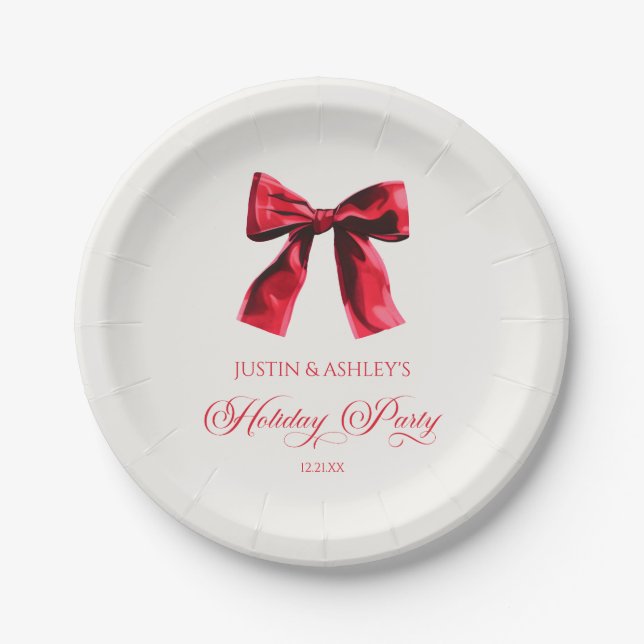 Elegant Red Coquette Bow Holiday Party Paper Plates (Front)