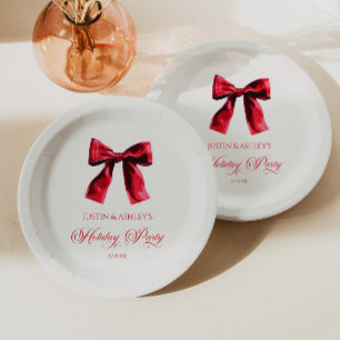 Elegant Red Coquette Bow Holiday Party Paper Plates