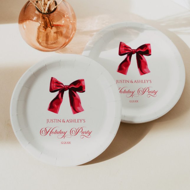 Elegant Red Coquette Bow Holiday Party Paper Plates (Creator Uploaded)