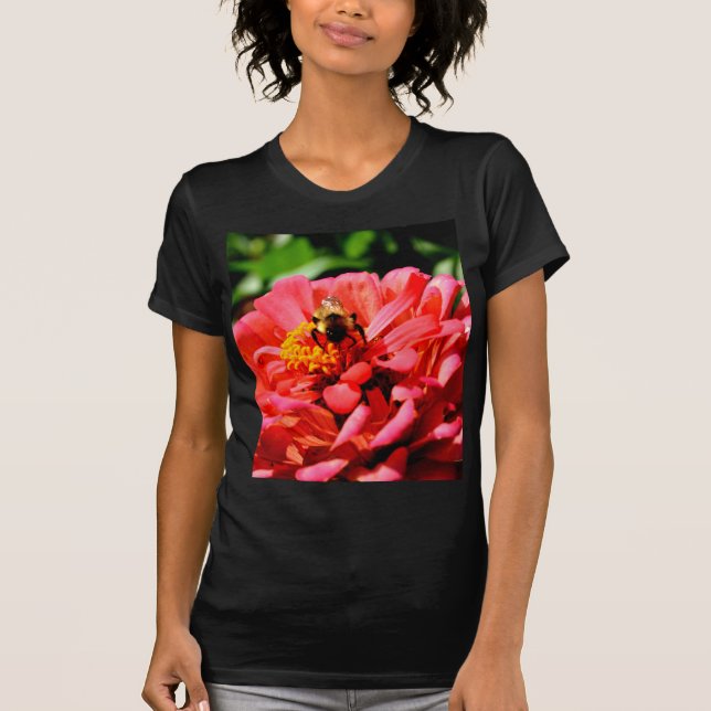 Elegant red coral floral cute bumble bee T-Shirt (Front)