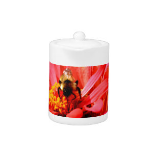 Elegant red coral floral cute bumble bee teapot