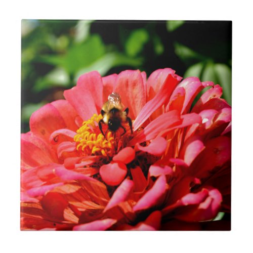 Elegant red coral floral cute bumble bee tile